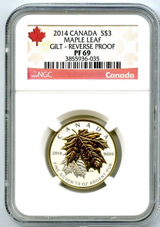 2014 $3 Canada Silver Maple Leaf Gilt Gold Ngc Pf69 Ucam Reverse Proof 1/4 Oz photo