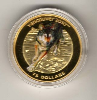 2009 $75 Dollars Gold Coin Colored Wolf Canada 2010 Olympics photo