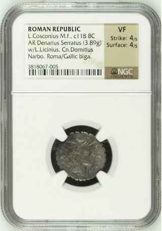 Ngc Roman Republic Silver Denarius - Serratus,  Cosconius,  Celt In Biga,  Graded Vf photo