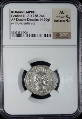 Ad 238 - 244 Roman Empire Gordian Iii Ar Double - Denarius Silver Ngc Au photo