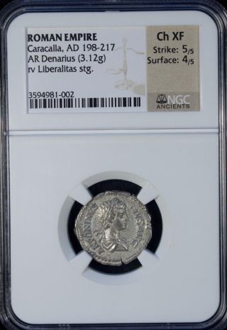 Ad 198 - 217 Roman Empire Caracalla Ar Denarius Silver Ngc Ch Xf photo