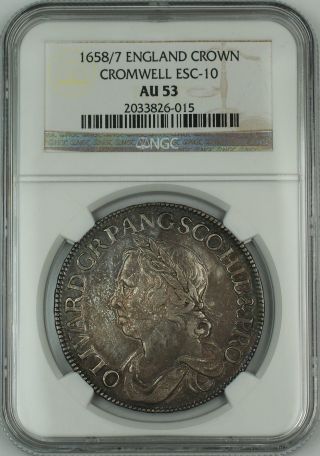1658/7 Overdate England Silver Crown Coin Esc - 10 Cromwell Ngc Au - 53 Akr photo
