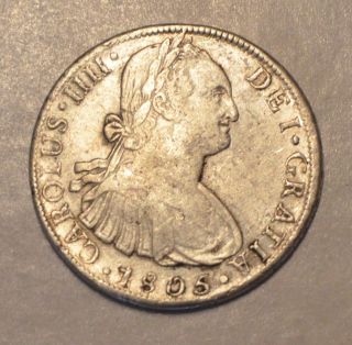 1805 Spain - 8 Reales - Lima Jp - Carlos Iv - Vf Silver Coin photo