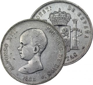 1888 Spain 5 Pesetas Silver Coin photo