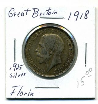 Great Briatain Florin 1918, .  925 Silver,  Very Fine photo