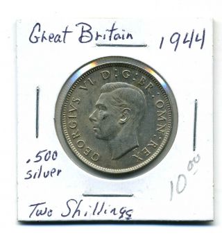 Great Briatain Two Shillings 1944, .  500 Silver,  Xf+ photo