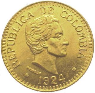 Colombia 2 1/2 Pesos Km 203 Au/unc Gold Coin S.  Bolivar 1924 photo