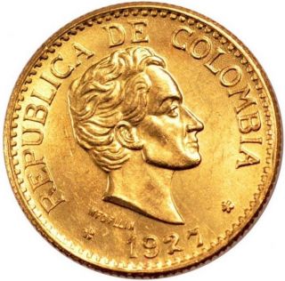 Colombia 5 Pesos Km 204 Au/unc Gold Coin S.  Bolivar 1927 photo