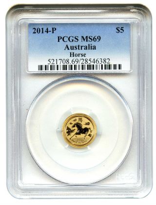 Australia: 2014 $5 Pcgs Ms69 - Chinese Year Of The Hoarse (1/20 Oz 0.  999 Gold) photo