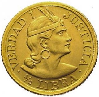 Peru 1/2 Libra Pound Km 209 Au/unc Gold Coin 1966 photo