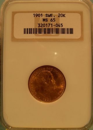 Sweden 1901 Gold 20 Kronor Ngc Ms - 65 photo