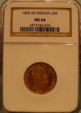 Sweden 1895 Gold 20 Kronor Ngc Ms - 64 photo