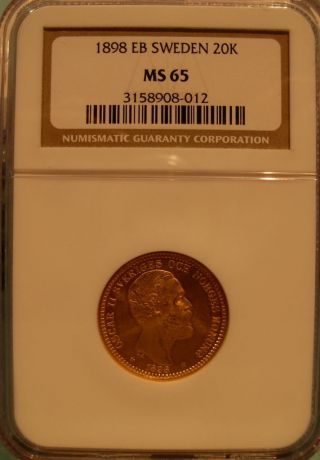 Sweden 1898 Eb Gold 20 Kronor Ngc Ms - 65 photo