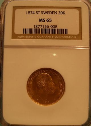 Sweden 1874 St Gold 20 Kronor Ngc Ms - 65 photo