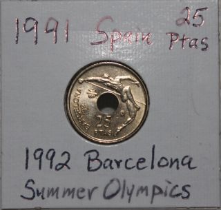 Spanish 25 Peseta Coin 1991 - 1992 Barcelona Olympics High Jumper - Spain Km 851 photo