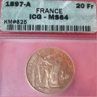 France 1897 - A Gold Angel Coin 20f Ms64 Choice+ Unc.  ; French Franc Francs photo