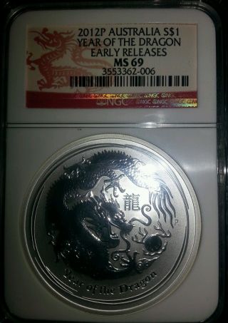 2012 Australian Perth Lunar Dragon 1 Oz Silver Coin Ngc Ms - 69 photo