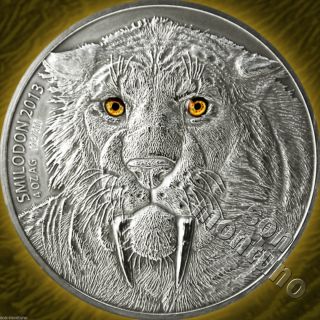 4 Oz Smilodon Saber Toothed Tiger - 2013 Burkina Faso 5000 Francs Silver Coin photo