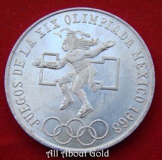 Silver Coin 1968 Mexico $25 Pesos Olympics Asw.  5209 Aztec Dancer Eagle Au/bu photo