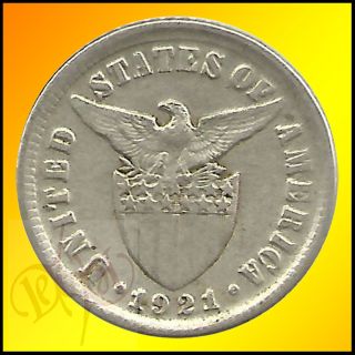 Us Philippines 10 Centavos 1921 Silver Coin photo