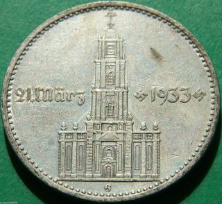 German Nazi Silver Coin 2 Rm 1934 G Garrison Church,  4 Swastikas W/d photo