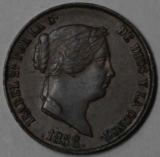 1858 Au Spain Copper 25 Centimos (segovia) Isabel 2 Coin photo