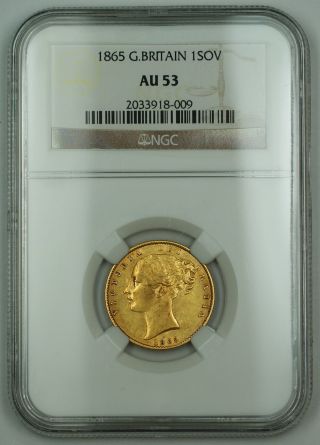 1865 Great Britain 1 Sovereign British Gold Coin Ngc Au - 53 Akr photo