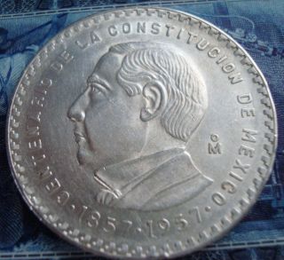 Mexico $5 Pesos Silver Coin 1857 - 1957 photo