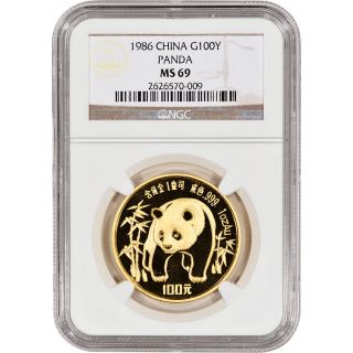 1986 China Gold Panda (1 Oz) 100 Yuan - Ngc Ms69 photo