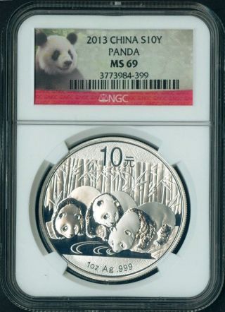 2013 China Silver Panda 1 Oz S10y Coin Bullion Ngc Ms 69 Perfect Red Panda Label photo
