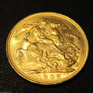 1908 P (perth,  Australia) Britain Sovereign Gold Coin 22k - 91.  6% Content photo