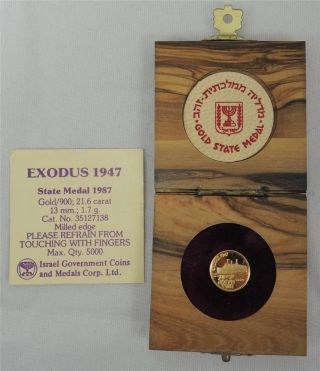 Israel 1987 Ship Exodus 1947 13mm 1.  7g Gold + Olive Wood Box + photo