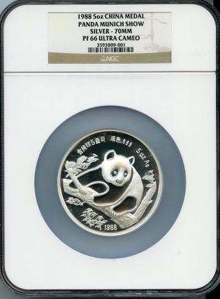1988 5oz China Medal Panda Munich Show Silver Pf 66 Ultra Cameo | Ngc Graded photo