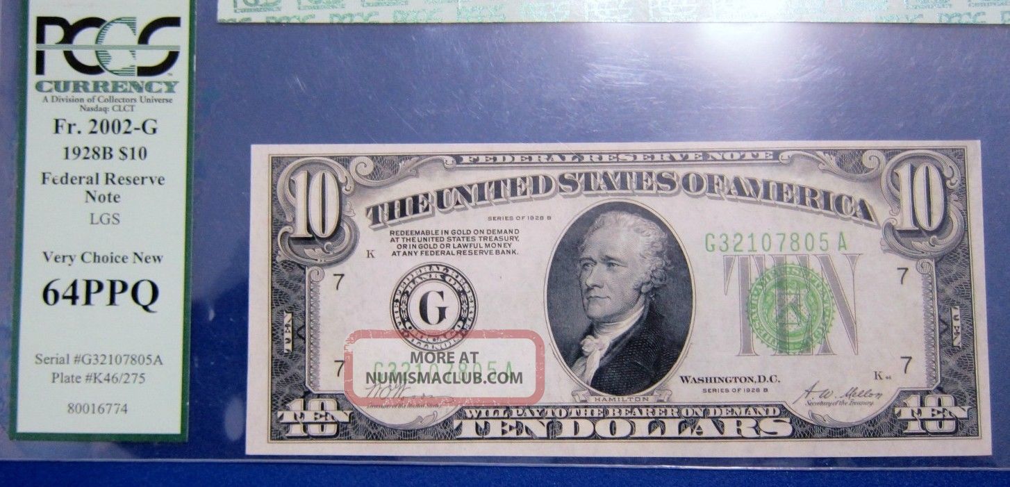 1928b $10 Federal Reserve Note.  Light Green Seal.  Fr - 2002g Pcgs64 Small Size Notes photo