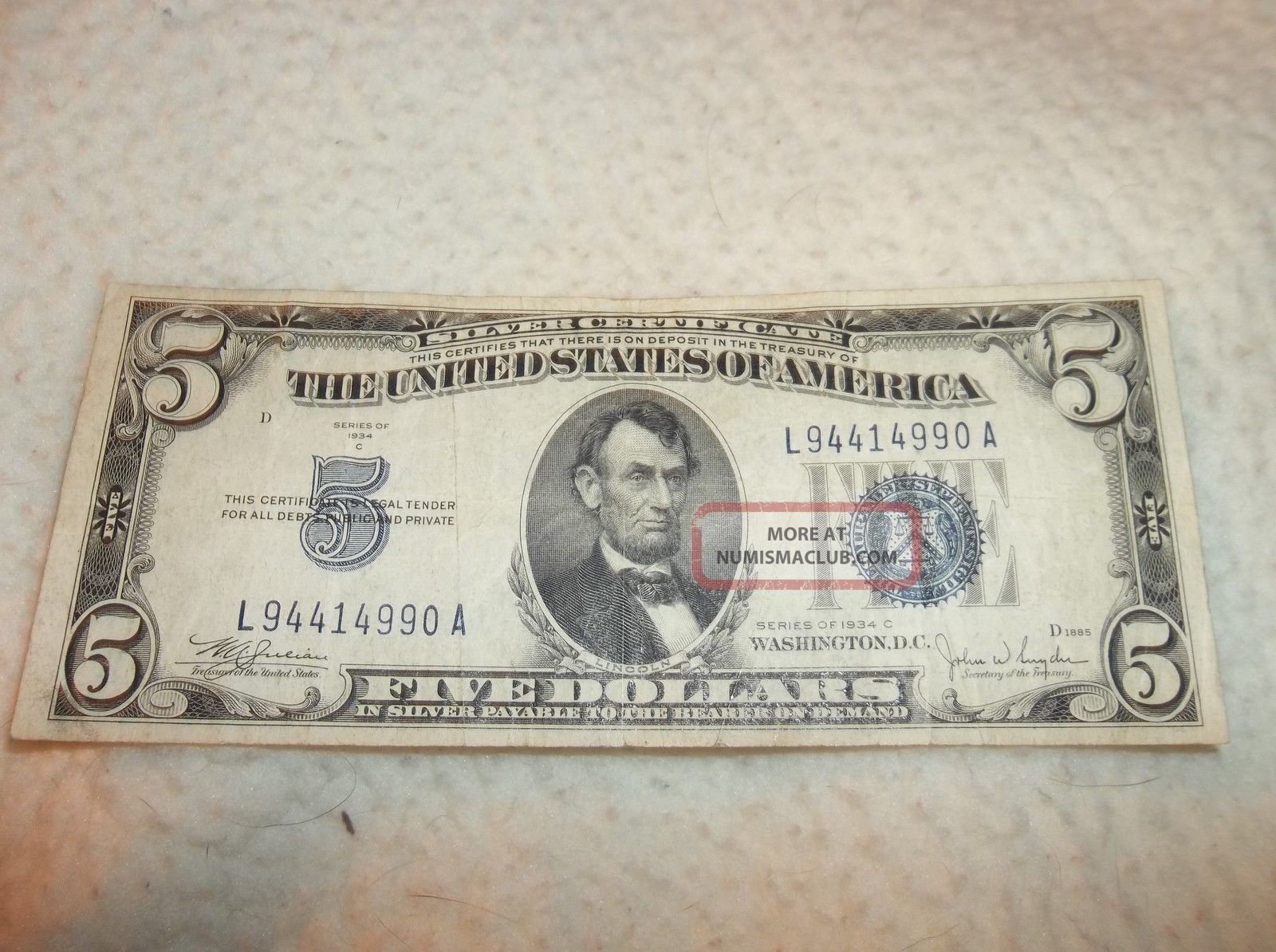 Vintage United States Of America Five Dollar Bill/note 1934 C Blue Seal ...