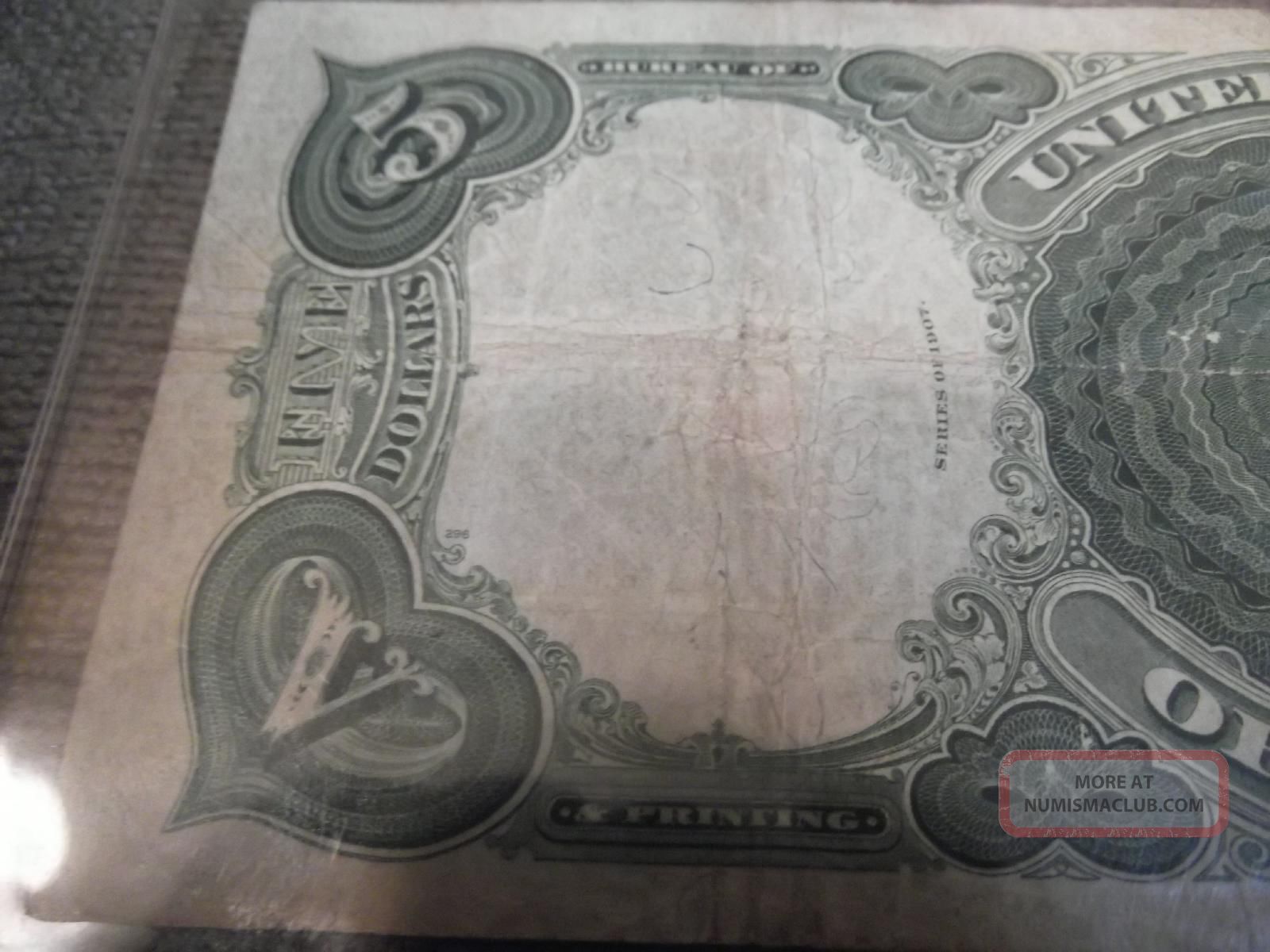 Large 1907 5 Dollar Bill Pcblic Error Woodchopper Large 1907 5 Dollar Bill Pcblic Error Woodchopper