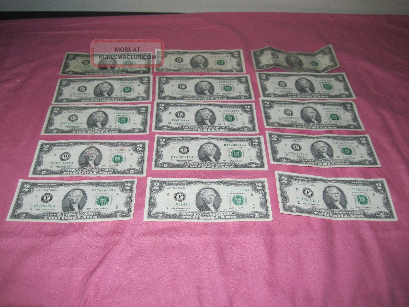 Fifteen 2 Dollar Bills 1976,  1995,  2003a And 2009 Small Size Notes photo