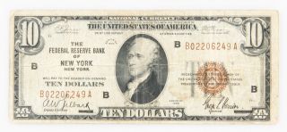 1929 $10 National Currency York Usa Brown Seal Ny Hamilton 80+yrs Old Money photo