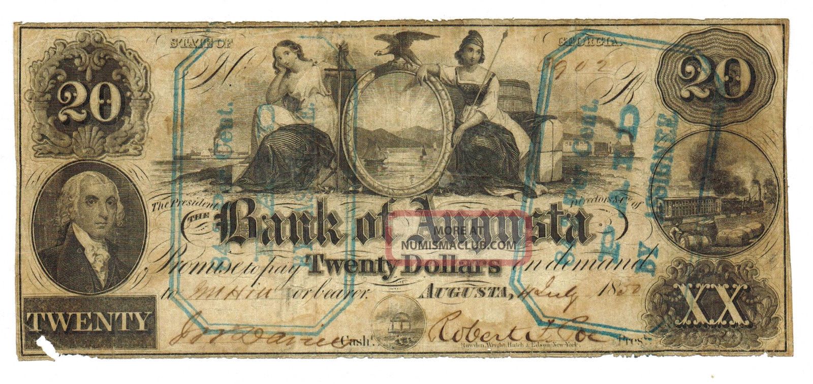 Bank Of Augusta Ga $20 1850 Obsolete More Currency 4 D Paper Money: US photo