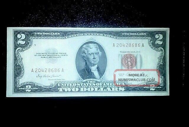 $2 Dollar 1953 Red Seal Legal Tender S/n A 20428686 A Small Size Notes photo