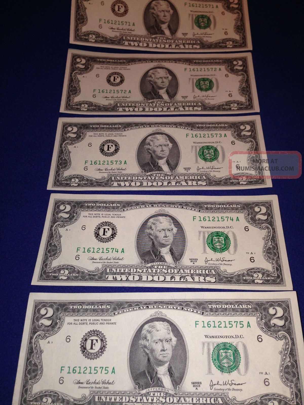(5) Consecutive Serial 2003 $2 Dollar Bills Two Dollar Bank Note Atlanta Small Size Notes photo