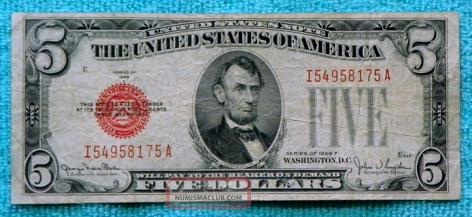 1928f $5 Five Dollar Red Seal Note Bill Ia Block - Rs6 Small Size Notes photo