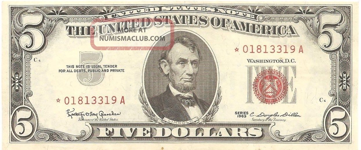 1963 $5 Five Dollar United States Star Note Red Seal Note Small Size Notes photo