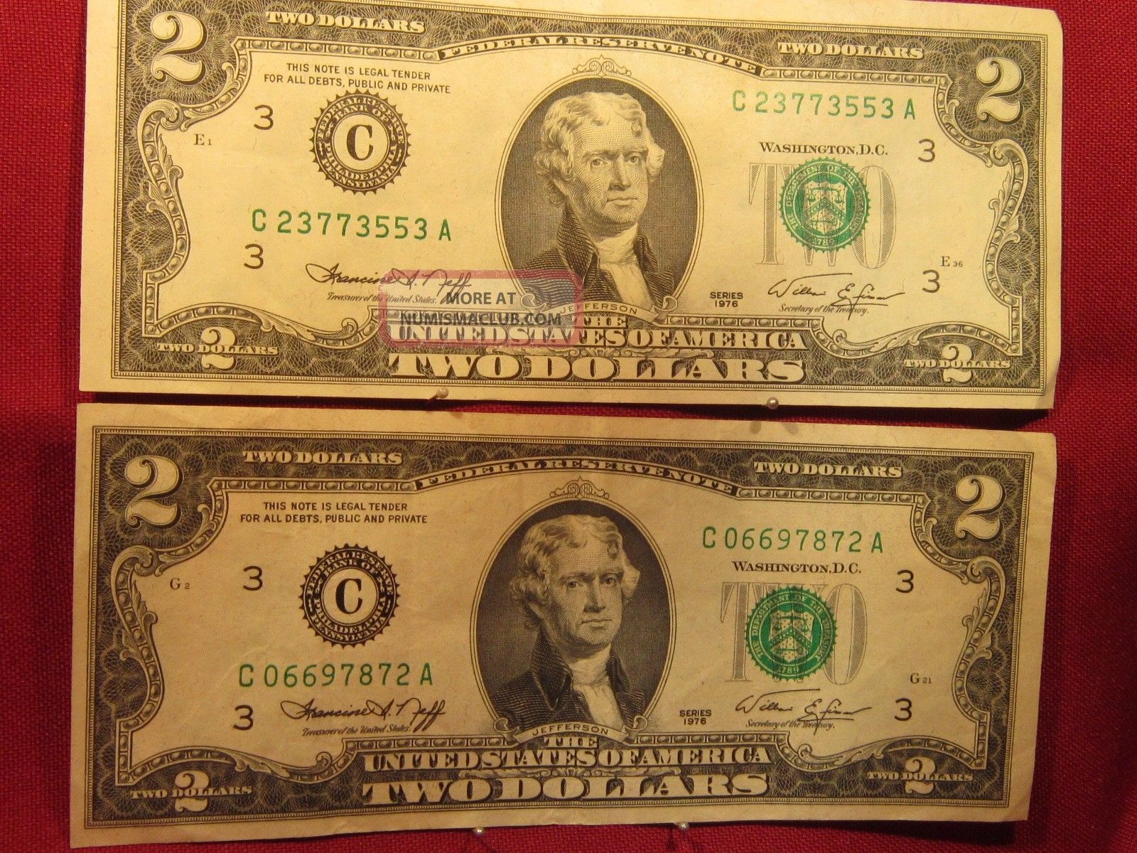 2 - $2.  00 Federal Reserve Note ' S - - Series 1976 - - Small Size Notes photo