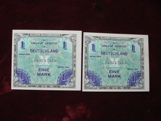 2 Consecutive 1944 Germany 1 Mark Allied Military Currency Uncirculated photo