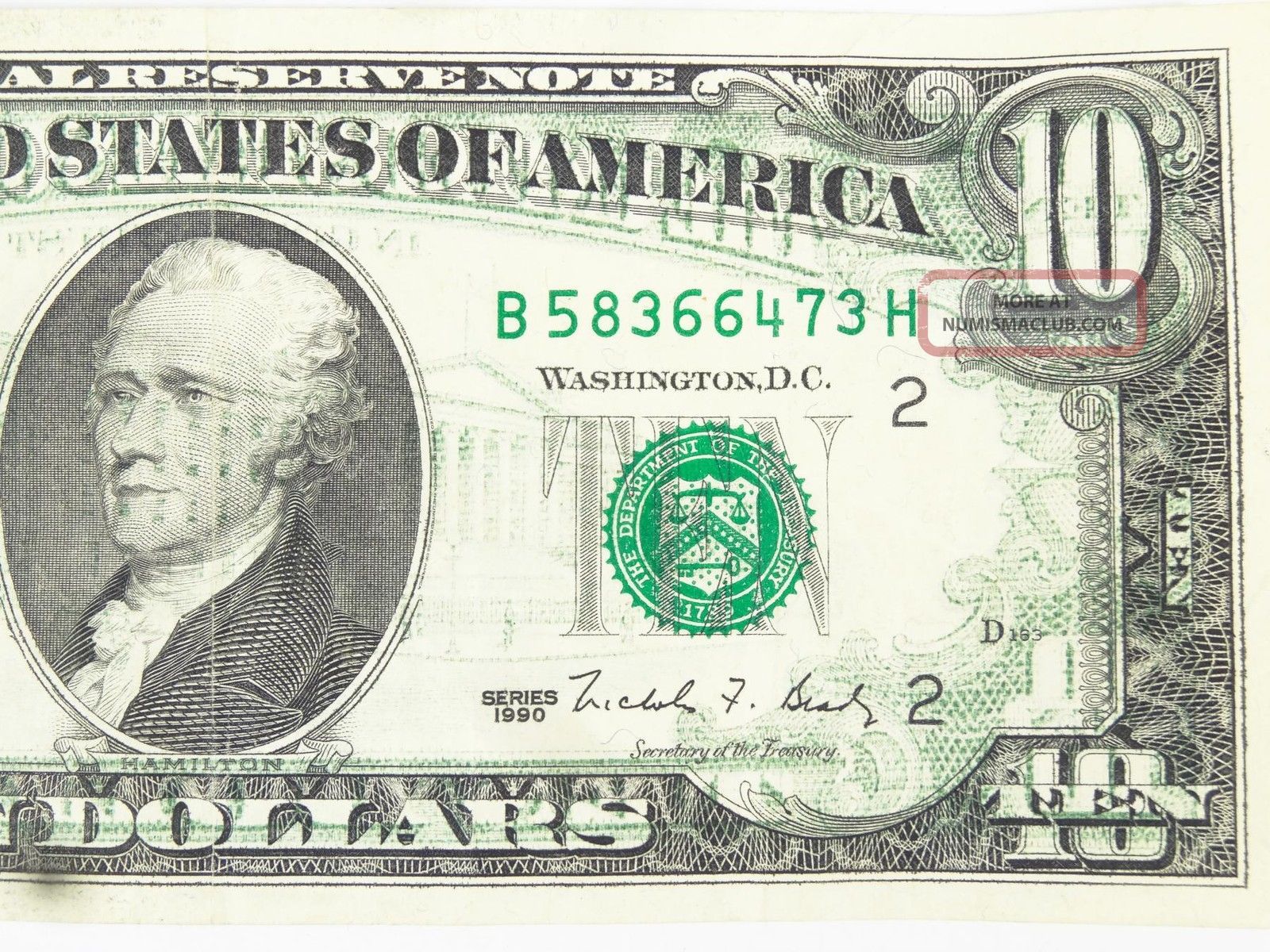 Rare Date 1990 Us $10 Banknote Currency Ink Transfer Error