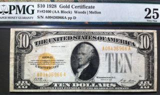 1928 $10 United States Gold Certificate - Fr 2400 - Pmg Graded 25 Very Fine photo