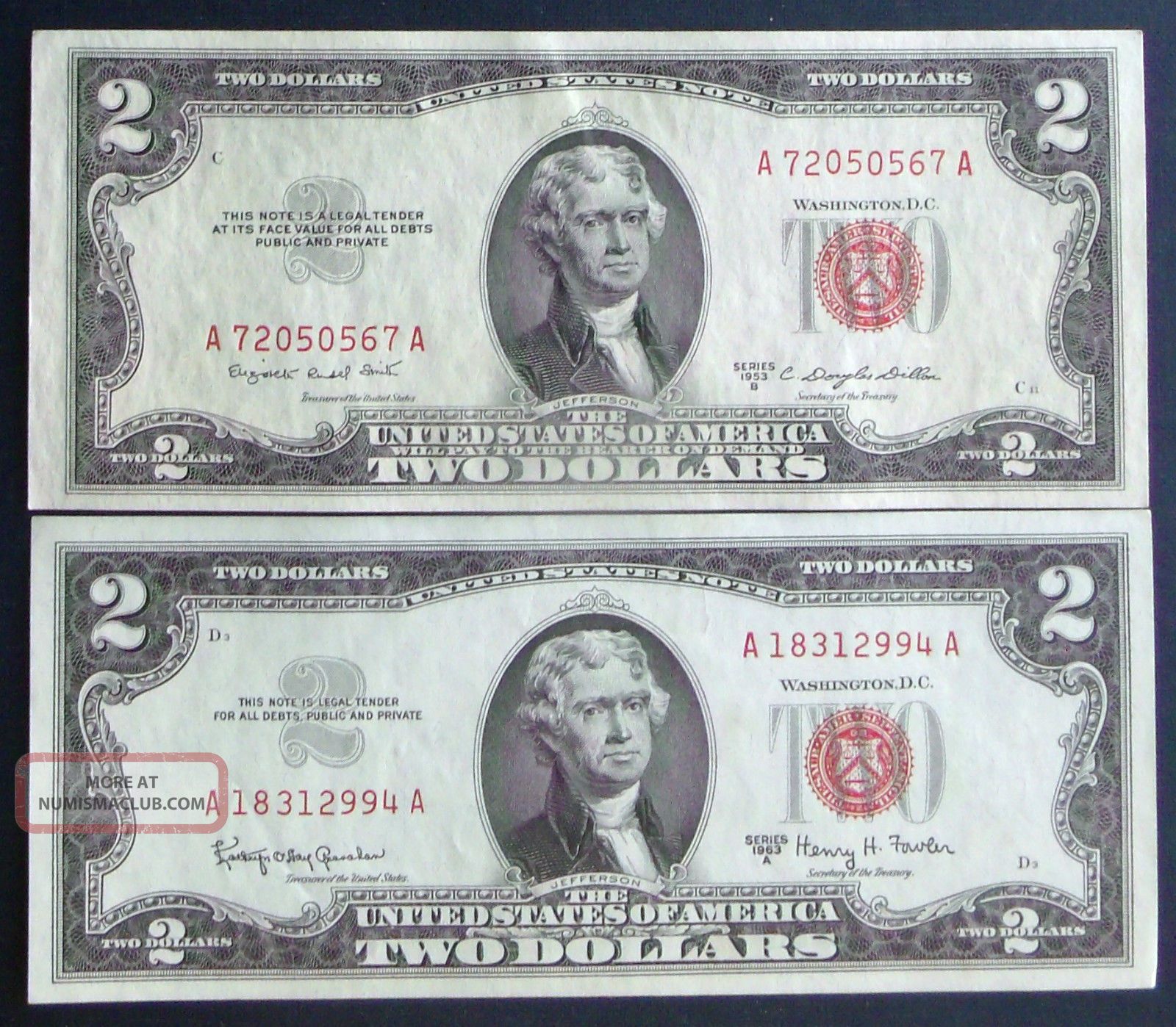 Almost Uncirculated One 1953b $2 & One 1963a $2 United States Note (17) Small Size Notes photo