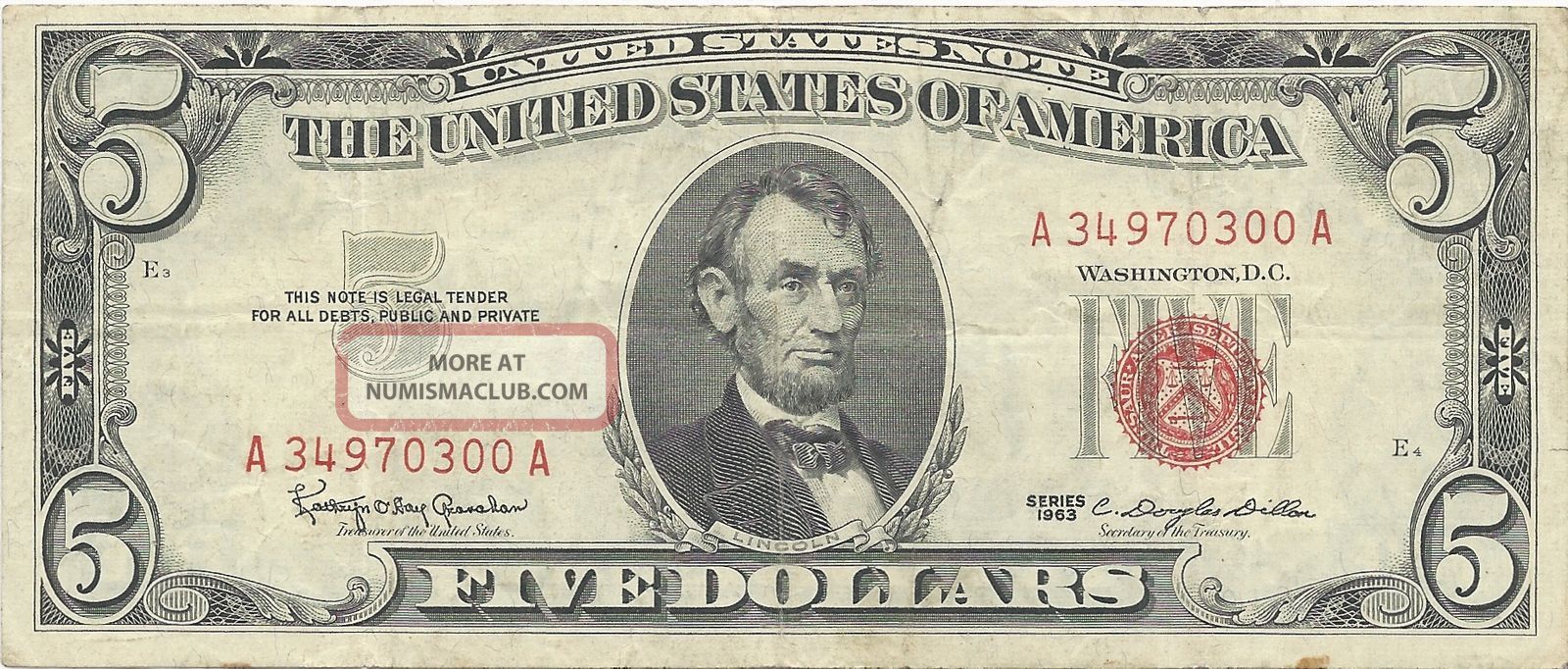 1963 $5.  00 United States Note Red Seal Small Size Notes photo