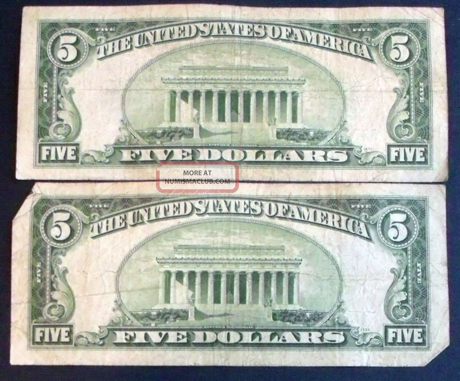 One 1934d $5 & One 1934c $5 Blue Seal Silver Certificates (s37973441a)
